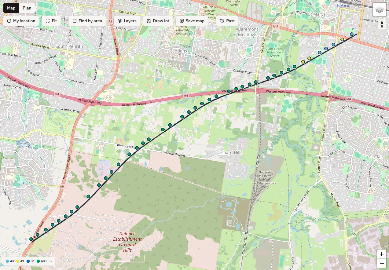 The lot map for a trunk main corridor across western Sydney, with every lot along the alignment shown as a dot coloured by status