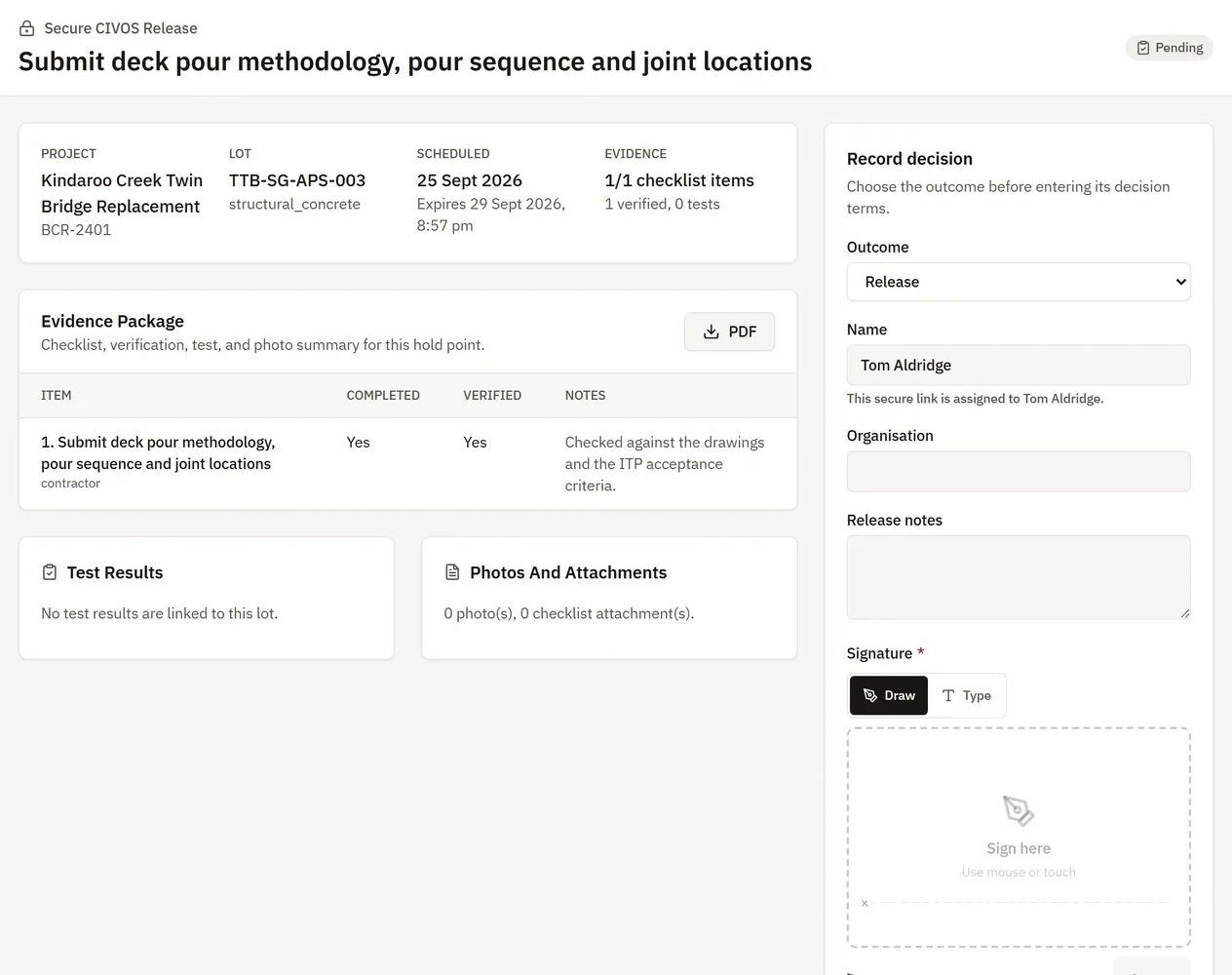 The secure release page: the hold point's evidence package, test results, photos, and a record-decision panel with a signature box